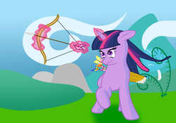 Size: 2000x1400 | Tagged: safe, artist:dashermkii, twilight sparkle, pony, unicorn, g4, archer, archery, arrow, bow (weapon), bow and arrow, day, female, magic, solo, unicorn twilight, weapon