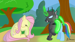 Size: 1024x576 | Tagged: safe, artist:dashermkii, fluttershy, rainbow dash, changeling, g4, duo