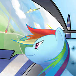 Size: 1800x1800 | Tagged: safe, artist:dashermkii, rainbow dash, pegasus, pony, g4, dog fight, female, fight, flying, mare, pilot, plane, riding, solo, vertigo