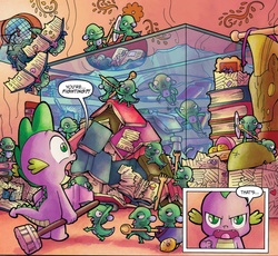 Size: 1040x955 | Tagged: safe, artist:agnes garbowska, idw, official comic, spike, dragon, g4, micro-series #9, my little pony micro-series, spoiler:comic, aquarium, book, broom, comic, golden oaks library, male, sea beasts, speech bubble, war