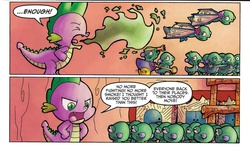 Size: 1038x640 | Tagged: safe, idw, official comic, spike, dragon, g4, micro-series #9, my little pony micro-series, spoiler:comic, angry, comic, fire, fire breath, male, sea beasts, speech bubble