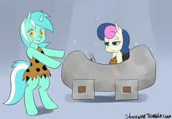 Size: 2472x1711 | Tagged: safe, artist:siberwar, bon bon, lyra heartstrings, sweetie drops, earth pony, pony, unicorn, g4, 30 minute art challenge, bipedal, bon bon is not amused, car, cave ponies, cave pony, cavemare, cavewoman, cross-popping veins, female, loincloth, loincloth aside, mare, prehistoric, square wheels, wacky races, wheel, you're doing it wrong