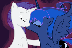 Size: 1000x666 | Tagged: safe, artist:aaplepieeru, princess luna, rarity, g4, female, kissing, lesbian, ship:rariluna, shipping