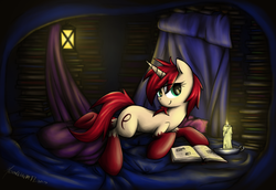 Size: 1024x706 | Tagged: safe, artist:moonlightfl, oc, oc only, oc:rho, pony, unicorn, blanket, book, book fort, candle, cushion, solo