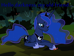 Size: 733x554 | Tagged: safe, edit, edited screencap, screencap, princess luna, luna eclipsed, blue text, candy, cropped, female, food, forest, hello darkness my old friend, image macro, sad, simon and garfunkel, solo, song reference, the sound of silence