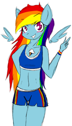 Size: 620x1074 | Tagged: safe, artist:fiji-firefox, rainbow dash, anthro, g4, belly button, boobie mark, clothes, female, midriff, peace sign, shorts, solo, sports bra, wristband