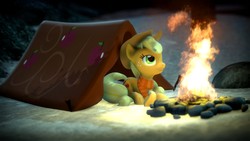 Size: 1920x1080 | Tagged: safe, artist:stormtrooper1701, applejack, g4, 3d, campfire, camping, clothes, female, gmod, prone, scarf, solo, tent