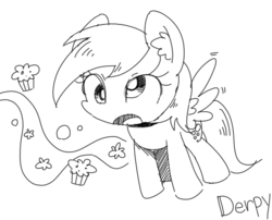 Size: 569x459 | Tagged: safe, artist:30clock, derpy hooves, pegasus, pony, g4, chibi, cute, ear fluff, female, lineart, mare, monochrome, pixiv, solo