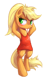 Size: 500x800 | Tagged: safe, artist:30clock, applejack, earth pony, pony, g4, bipedal, bottomless, clothes, dress, female, grooming, loose hair, pixiv, ponytail, shirt, simple background, solo, tying hair