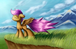 Size: 1700x1100 | Tagged: safe, artist:grennadder, scootaloo, g4, big hooves, cliff, eyes closed, female, mountain, solo, windswept tail