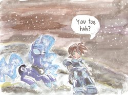 Size: 1038x770 | Tagged: safe, artist:the-rose-of-blue, princess luna, g4, crossover, megaman legends, megaman volnutt, moon, traditional art, watercolor painting