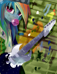 Size: 1709x2216 | Tagged: safe, artist:facerenon, rainbow dash, semi-anthro, g4, bubblegum, clothes, female, guitar, solo