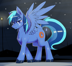 Size: 1280x1164 | Tagged: safe, artist:miketheuser, oc, oc only, oc:umami stale, pegasus, pony, bedroom eyes, explicit source, looking at you, male, night, sky, smiling, solo, spread wings, stallion, stars, unshorn fetlocks