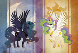 Size: 1905x1300 | Tagged: safe, artist:sleepwalks, princess celestia, princess luna, alicorn, pony, g4, female, mare, royal sisters, siblings, sisters