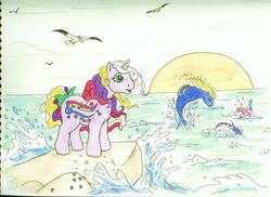 Size: 878x638 | Tagged: safe, artist:foxspotted, streaky, bird, sea pony, g1, ocean, rainbow curl pony, traditional art