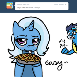 Size: 777x777 | Tagged: safe, artist:askthegreatandpowerfultrixie, soarin', trixie, g4, askthegreatandpowerfultrixie, pie, that pony sure does love pies, tongue out, tumblr