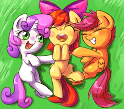 Size: 500x440 | Tagged: safe, artist:30clock, apple bloom, scootaloo, sweetie belle, earth pony, pegasus, pony, unicorn, g4, adorabloom, apple bloom's bow, blank flank, blushing, bow, cute, cutealoo, cutie mark crusaders, diasweetes, eyebrows, eyebrows visible through hair, eyes closed, folded wings, grass, hair bow, horn, lying down, on back, on side, open mouth, open smile, pixiv, smiling, wings
