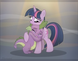 Size: 1000x788 | Tagged: safe, artist:sherwoodwhisper, spike, twilight sparkle, g4, crying, duo, female, hug, male, sad