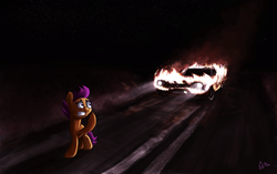Size: 2800x1758 | Tagged: safe, artist:sevoohypred, scootaloo, pony, g4, car, christine, crossover, imminent death, imminent fried chicken, john carpenter, nightmare night, plymouth, plymouth fury, scootabuse, stephen king