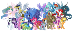 Size: 2800x1207 | Tagged: safe, artist:vird-gi, applejack, derpy hooves, flitter, fluttershy, pinkie pie, princess cadance, princess celestia, princess luna, queen chrysalis, rainbow dash, rarity, twilight sparkle, oc, alicorn, pony, g4, alicorn oc, clothes, dress, mailbag, s1 luna, twilight sparkle (alicorn)