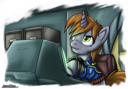 Size: 1200x838 | Tagged: safe, artist:jeffk38uk, oc, oc only, oc:littlepip, pony, unicorn, fallout equestria, clothes, computer, fanfic, fanfic art, female, hooves, horn, jumpsuit, mare, pipbuck, solo, terminal, vault suit
