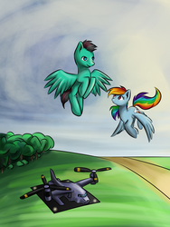 Size: 1350x1800 | Tagged: safe, artist:krololo, rainbow dash, oc, oc:ray blaze, g4, crossover, fanfic, fanfic art, flying, helicopter