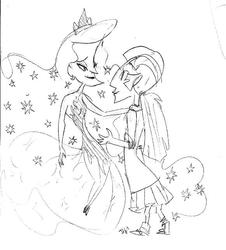 Size: 581x642 | Tagged: safe, artist:iiya, princess luna, twilight sparkle, human, g4, female, humanized, lesbian, monochrome, ship:twiluna, shipping, wat