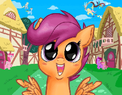 Size: 600x469 | Tagged: safe, artist:evo, artist:grandpalove, berry punch, berryshine, derpy hooves, discord, fluttershy, pinkie pie, rainbow dash, scootaloo, pegasus, pony, g4, animated, blushing, cute, cutealoo, eye shimmer, female, floppy ears, happy, looking at you, mare, open mouth, ponyville, smiling, spread wings
