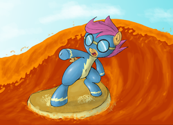 Size: 1000x725 | Tagged: safe, artist:shoroch, scootaloo, g4, female, pancakes, solo, surfing, syrup, wonderbolts uniform