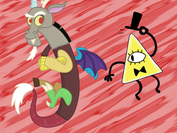 Size: 1024x768 | Tagged: safe, artist:turbobrycerox, discord, g4, bill cipher, crossover, gravity falls, male