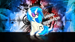 Size: 2560x1440 | Tagged: safe, artist:aloopyduck, artist:celysus, dj pon-3, vinyl scratch, pony, unicorn, g4, abstract background, cutie mark, female, grunge, hooves, horn, mare, reflection, sitting, smiling, solo, sunglasses, text, vector, vinyl's glasses, wallpaper