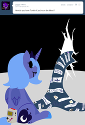 Size: 650x954 | Tagged: safe, artist:poppin, princess luna, ask loony luna, loony luna, g4, ask, black sclera, female, game boy, moon, solo, tumblr