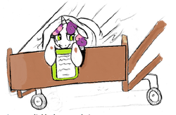 Size: 707x465 | Tagged: safe, artist:crimisonpencil, sweetie belle, pony, g4, bed, female, hospital, injured, mixed art, scared, solo