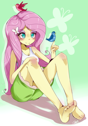 Size: 1249x1773 | Tagged: safe, artist:hua, fluttershy, bird, equestria girls, g4, barefoot, clothes, cute, feet, female, skirt, smiling, soles, solo, toes