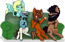 Size: 500x323 | Tagged: safe, edit, oc, oc only, earth pony, pegasus, pony, equestria daily, beard, charity, controller, couch, derpy hooves news, dpad pony, emily jones, event, everfree network, game