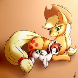Size: 1000x1000 | Tagged: safe, artist:shikaro, applejack, oc, oc:twinwing, earth pony, pegasus, pony, g4, female, foal, mare, mother and son, post-vore