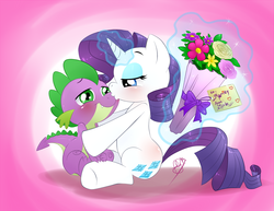 Size: 1558x1200 | Tagged: safe, artist:pia-sama, rarity, spike, dragon, pony, unicorn, g4, bouquet, duo, female, kissing, male, ship:sparity, shipping, straight