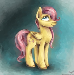 Size: 4920x5000 | Tagged: safe, artist:pponyoo, fluttershy, g4, absurd resolution, bedroom eyes, cute, female, hair over one eye, looking at you, smiling, solo