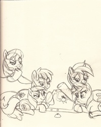Size: 2512x3148 | Tagged: dead source, safe, artist:enigmaticfrustration, berry punch, berryshine, cheerilee, minuette, piña colada, ruby pinch, earth pony, pony, unicorn, g4, family, female, lesbian, shipping, siblings, sisters, sketch, traditional art