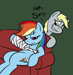 Size: 774x800 | Tagged: safe, artist:lowkey, derpy hooves, rainbow dash, pegasus, pony, g4, bandage, couch, dialogue, female, frown, glare, green background, grin, injured, leaning, mare, nervous, simple background, sitting, smiling, sorry, unamused