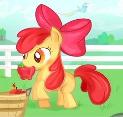 Size: 526x501 | Tagged: safe, artist:kiisuke, apple bloom, rainbow dash, pony, worm, g4, apple, blank flank, blushing, fence, mouth hold, pixiv, solo