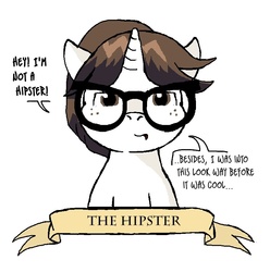 Size: 795x803 | Tagged: safe, artist:owlor, raven, pony, from the desk of mayor mare, g4, before it was cool, dialogue, glasses, hipster, old banner, solo