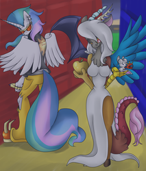 Size: 5340x6255 | Tagged: safe, artist:artsygum, discord, princess celestia, mouse, anthro, plantigrade anthro, g4, absurd resolution, alley, apple, busty eris, clothes, dress, duo, eris, food, golden apple, prince solaris, rule 63, sunglasses