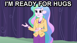 Size: 614x346 | Tagged: safe, princess celestia, principal celestia, equestria girls, g4, cutie mark accessory, female, hug, image macro, solo