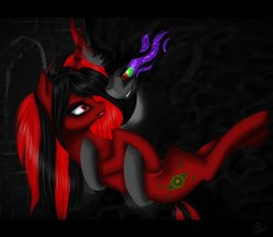 Size: 959x834 | Tagged: safe, artist:sevenada, king sombra, oc, oc:anzu, pony, umbrum, unicorn, g4, canon x oc, couple, horn, shadow, unicorn oc