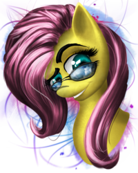 Size: 2500x3121 | Tagged: safe, artist:shorti1996, fluttershy, pegasus, pony, g4, dreamworks face, female, glasses, looking at you, mare, raised eyebrow, smiling, solo, sunglasses, swag