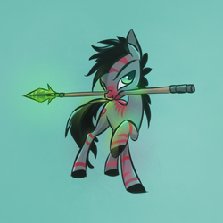 Size: 500x500 | Tagged: safe, artist:syntactics, oc, oc only, zebra, dark-mane bloodheart, mouth hold, solo, spear
