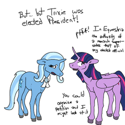 Size: 500x500 | Tagged: safe, artist:autumnbramble, trixie, twilight sparkle, alicorn, pony, g4, democracy, female, floppy ears, hooves, mare, sad, smiling, standing, twilight sparkle (alicorn), tyrant sparkle