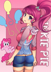 Size: 2500x3500 | Tagged: safe, artist:netamenta, pinkie pie, human, g4, alternate hairstyle, clothes, cute, diapinkes, female, high ponytail, hoodie, humanized, light skin, looking at you, looking back, looking back at you, pinkie pie's cutie mark, ponytail, solo
