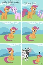 Size: 850x1280 | Tagged: safe, artist:ldr, diamond tiara, scootaloo, cow, pony, g4, chik-fil-a, cloven hooves, comic, female, scootachicken, udder